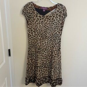 Argenti Leopard Print Cap Sleeve Fir & Flare Dress w/ Ruffle Hem Women’s Size 10
